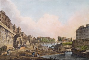 ポンノートルダムのアーチの下からのセーヌ川の眺め、1805年（アクアチント色） 作： John Claude Nattes